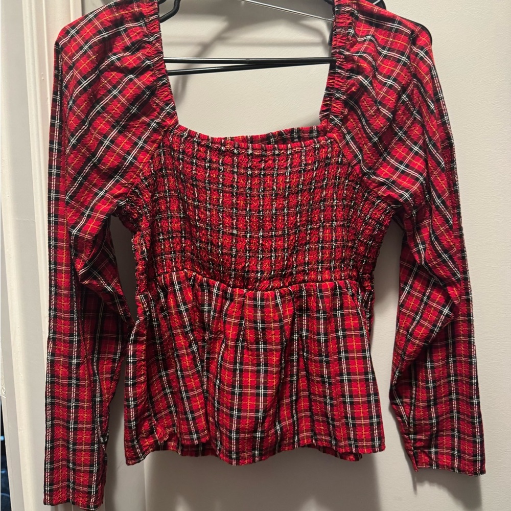 Old Navy Red Checkered Smocked Top